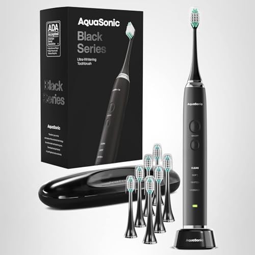 Aquasonic Black Series Ultra Whitening Toothbrush – ADA Accepted Electric Toothbrush- 8 Brush Heads & Travel Case – 40,000 VPM Electric Motor & Wireless Charging - 4 Modes w Smart Timer