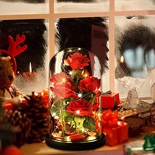 Valentines Day Rose Gifts for Women,Beauty and Beast Rose in Glass Dome with LED Light,Glass Rose Flower Gifts for Her Valentines Birthday Gifts for Women Mom Wife Girlfriend Friend Forever Red Rose