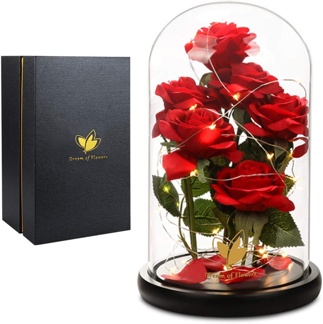 Valentines Day Rose Gifts for Women,Beauty and Beast Rose in Glass Dome with LED Light,Glass Rose Flower Gifts for Her Valentines Birthday Gifts for Women Mom Wife Girlfriend Friend Forever Red Rose