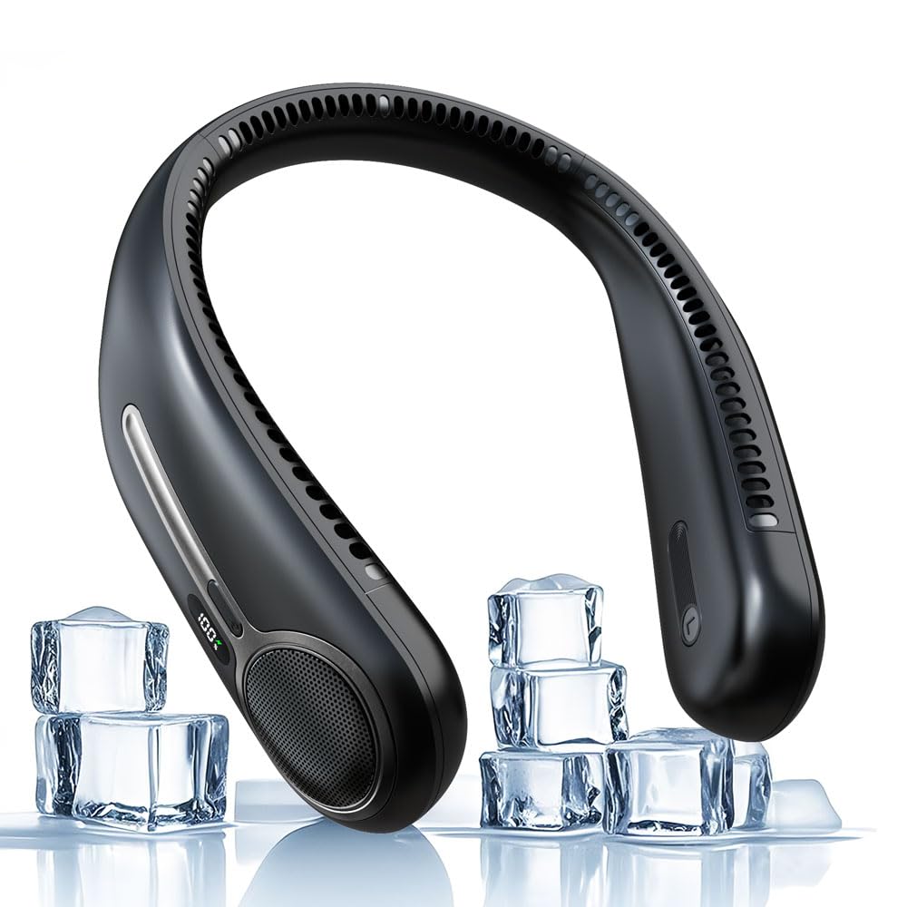 Portable Neck Fan,Hands Free Personal Wearable Bladeless Fan,6000mAh USB Rechargeable,360° Cooling,LED Display,4-Speeds,Birthday Gifts for Men Women Dad Mom,Valentines Day Gifts for Her Him (Black)