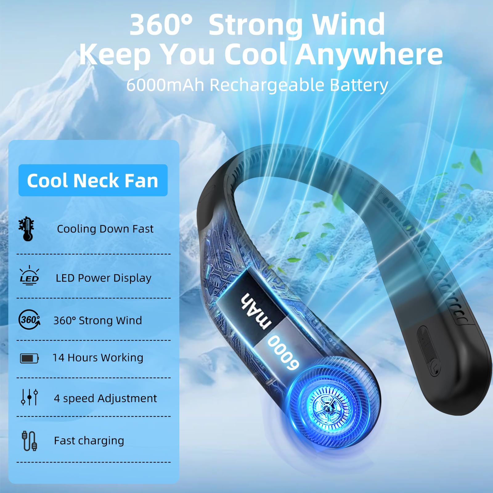 Portable Neck Fan,Hands Free Personal Wearable Bladeless Fan,6000mAh USB Rechargeable,360° Cooling,LED Display,4-Speeds,Birthday Gifts for Men Women Dad Mom,Valentines Day Gifts for Her Him (Black)
