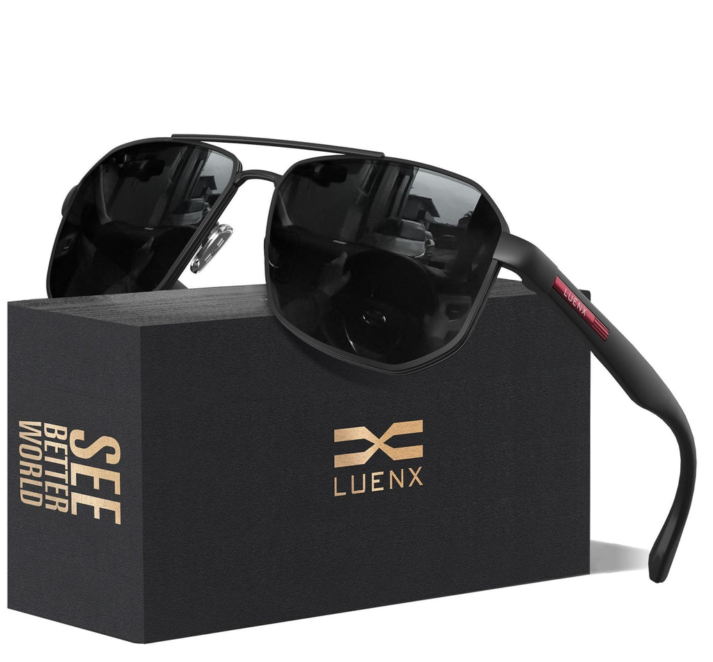 LUENX Aviator Sunglasses for Men Square Polarized Polygon Lens - UV 400 Protection with Accessories(Black Lens)