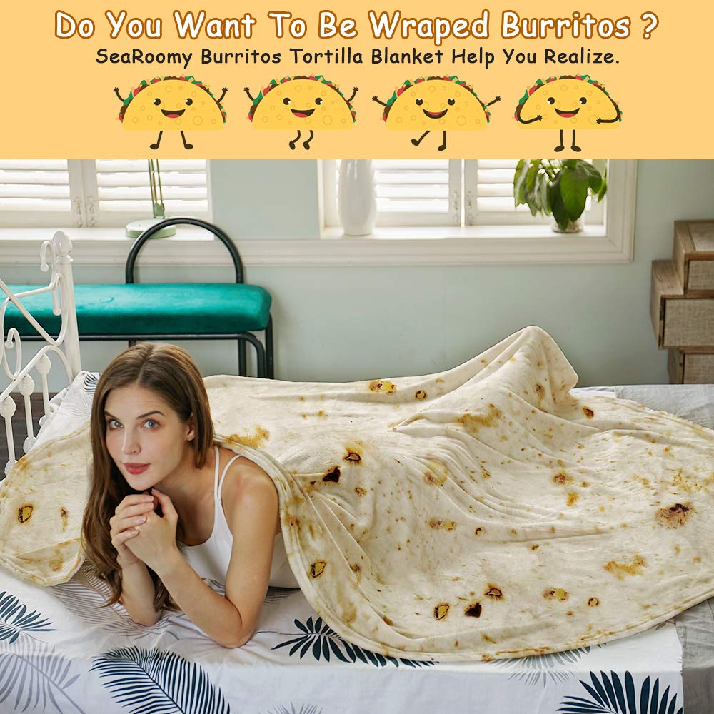SeaRoomy Burritos Tortilla Blanket, Realistic Food Wrap Blanket Double Sided, Novelty Funny Tortilla Round Soft Blankets (Beige, 47 inches)