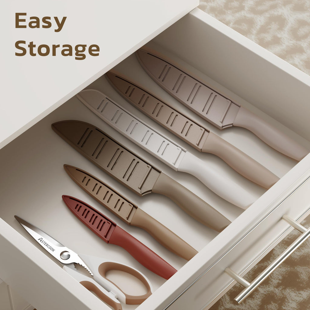 Astercook Knife Set, 13 Pieces Kitchen Knives Set with Healthy Anti-Rust Coating, Dishwasher Safe, Stainless Steel Chef Knife Sets with 6 Blade Guards, Perfect Valentine's Day Gifts for Kitchen