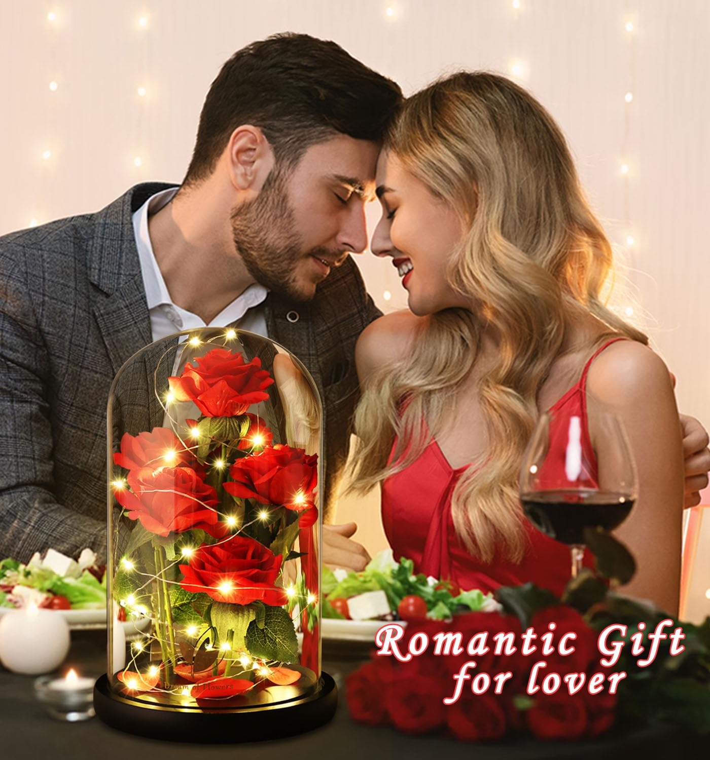Valentines Day Rose Gifts for Women,Beauty and Beast Rose in Glass Dome with LED Light,Glass Rose Flower Gifts for Her Valentines Birthday Gifts for Women Mom Wife Girlfriend Friend Forever Red Rose
