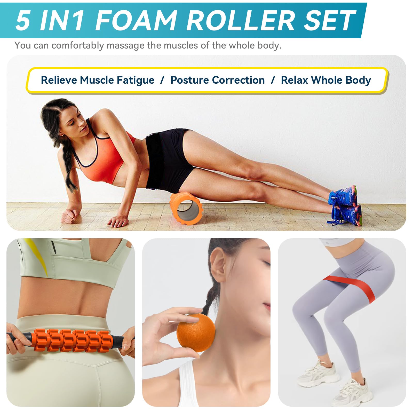 Krightlink 5 in 1 Foam Roller Set for Deep Tissue Muscle Massage, Trigger Point Fitness Exercise Foam Roller, Massage Roller, Massage Ball, Stretching Strap, for Whole Body (Orange Black)