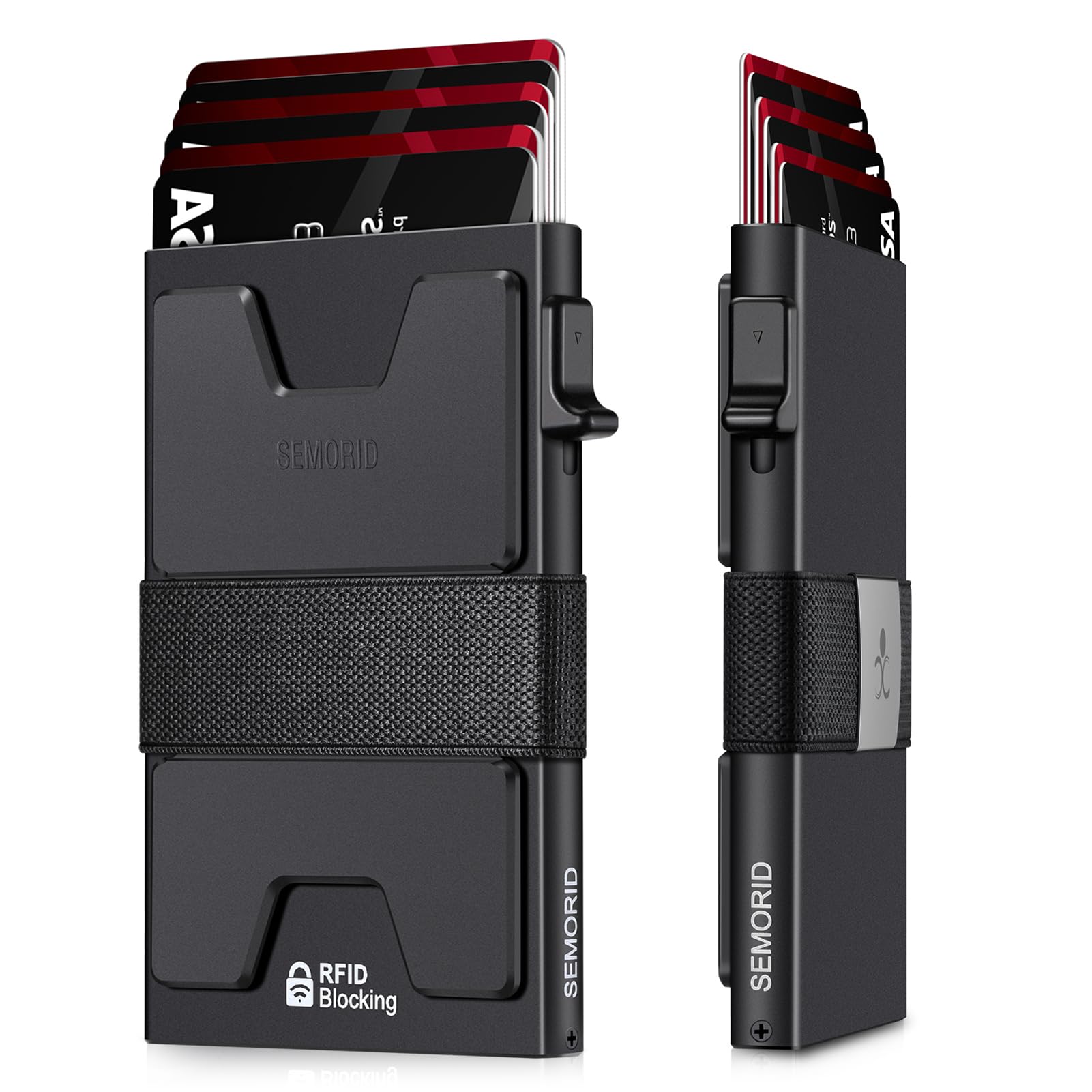 SEMORID Slim Aluminum Card Holder Wallet for Men, Durable Expandable Backplate, RFID Blocking Minimalist Metal Pop Up Wallet, Holds 12+ Cards Plus Cash (Black)