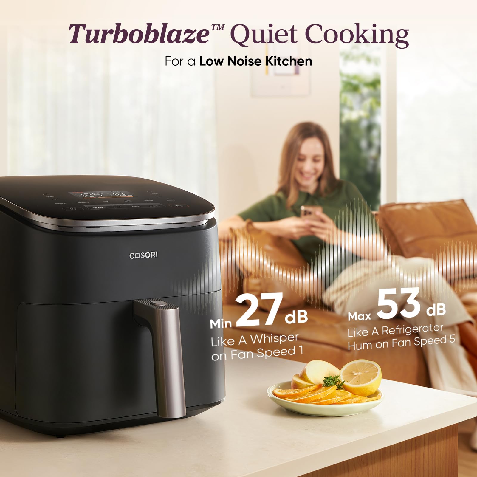 Cosori 9-in-1 TurboBlaze Air Fryer 6 Qt, Premium Ceramic Coating, 90°–450°F, Precise Heating for Even Results, Air Fry, Roast, Bake, Broil, Dry, Frozen, Proof, Reheat, Keep Warm, 120V, Dark Gray