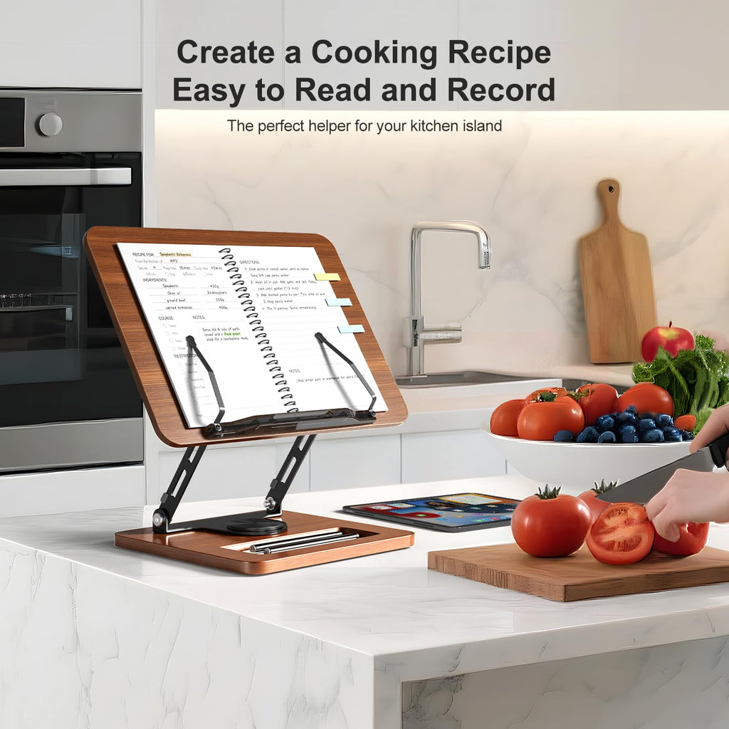 Book Stand for Reading, 360° Rotating Hands Free Book Holder, Adjustable Height and Angle, Page Clip for Cookbook, Recipe, Magazine, Laptop,Tablet, Foldable for Kitchen, Office, School