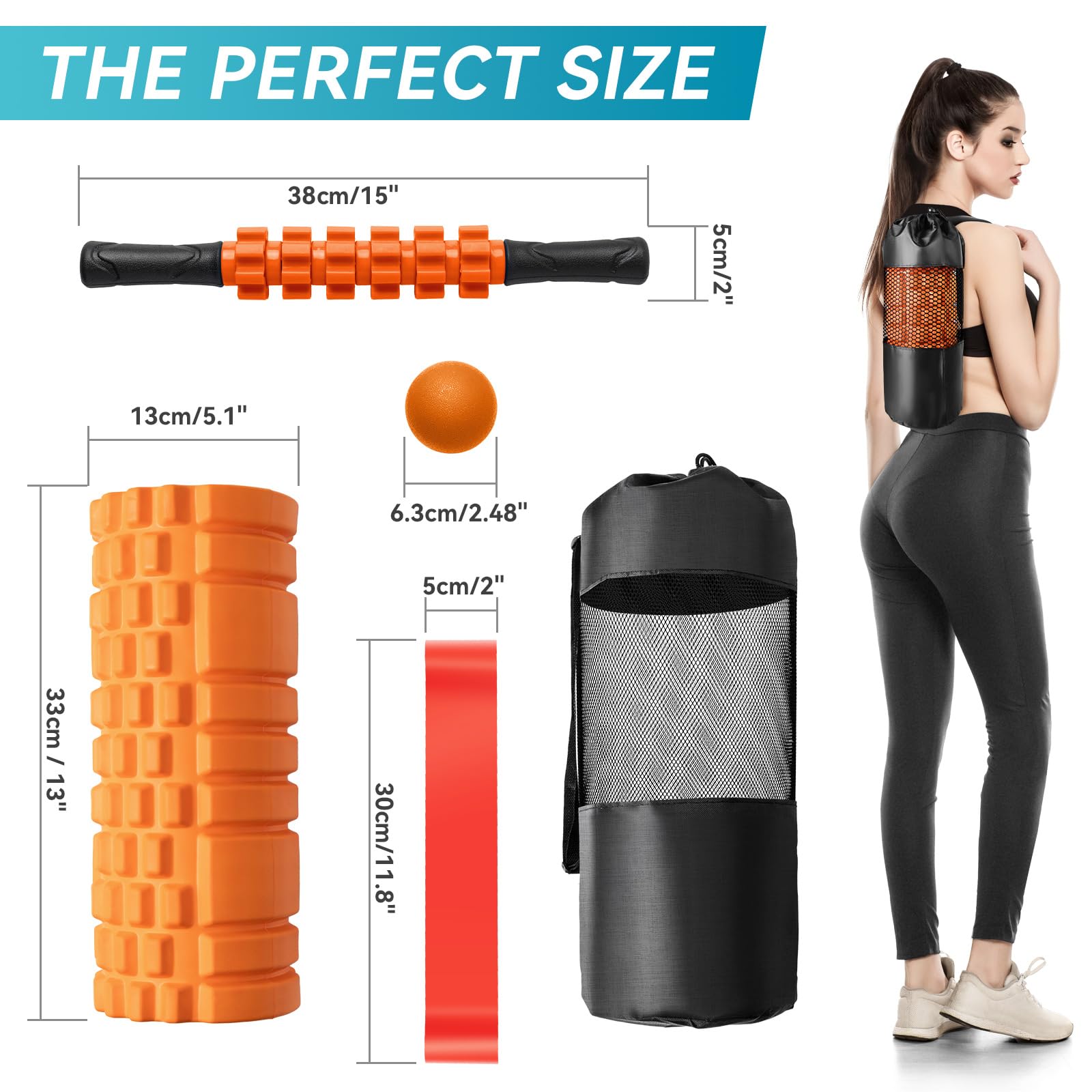 Krightlink 5 in 1 Foam Roller Set for Deep Tissue Muscle Massage, Trigger Point Fitness Exercise Foam Roller, Massage Roller, Massage Ball, Stretching Strap, for Whole Body (Orange Black)