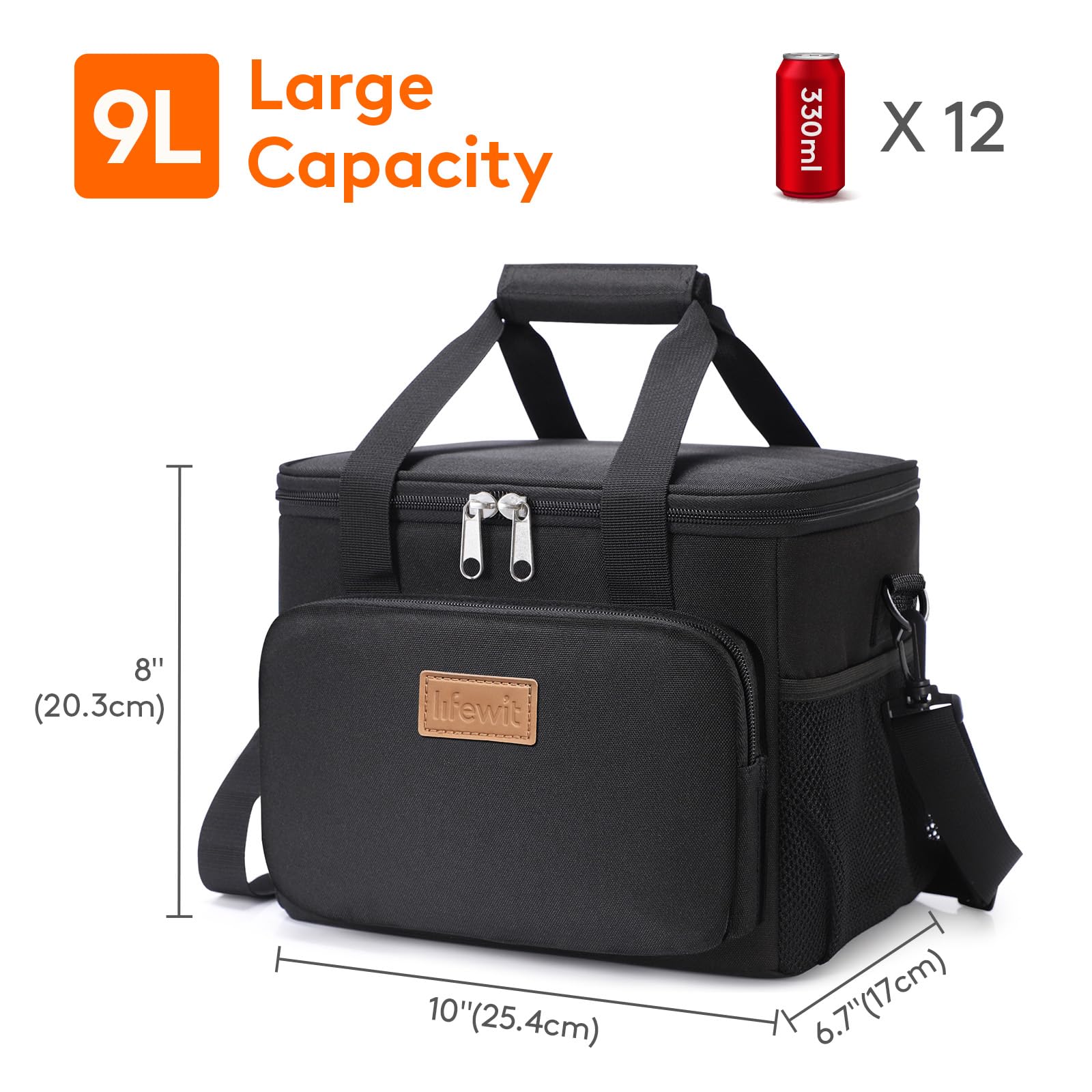 Lifewit Medium Lunch Bag Insulated Lunch Box Soft Cooler Cooling Tote for Adult Men Women, Black 12-Can (9L)