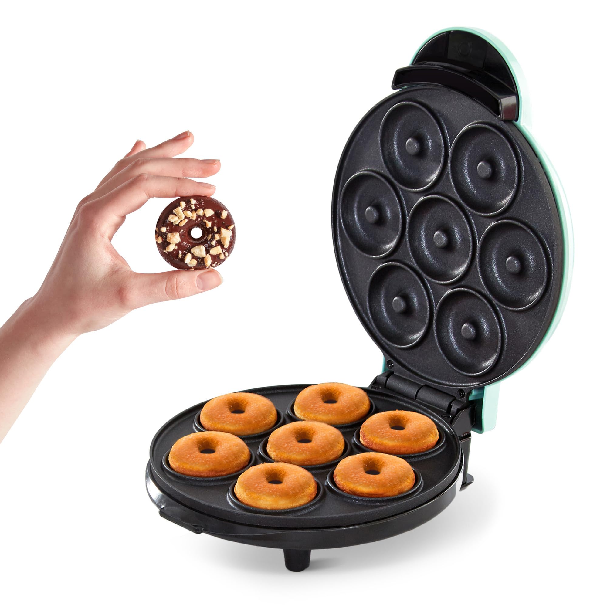 Dash Express Mini Donut Maker - Homemade Dessert Maker - Features Double-Sided, Non-Stick Surface & Space-Saving Design - Makes 7 - Aqua