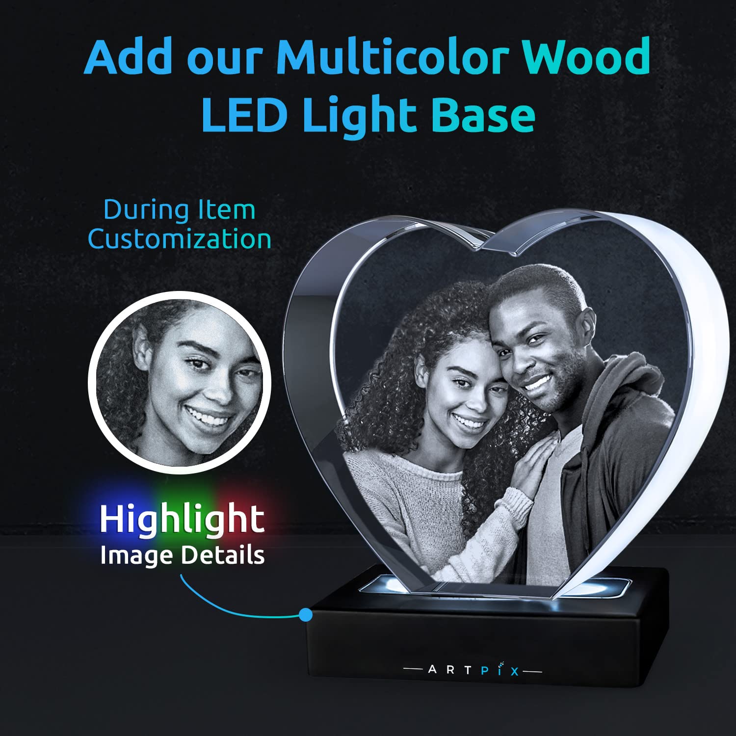 ArtPix 3D Crystal Photo, Valentines Day Personalized Gifts for Women, Wife, Men, Her, Him, Great V-Day Custom Gift with Your Own Photo, Customized Glass 3D Laser Etched Picture Wedding - Heart