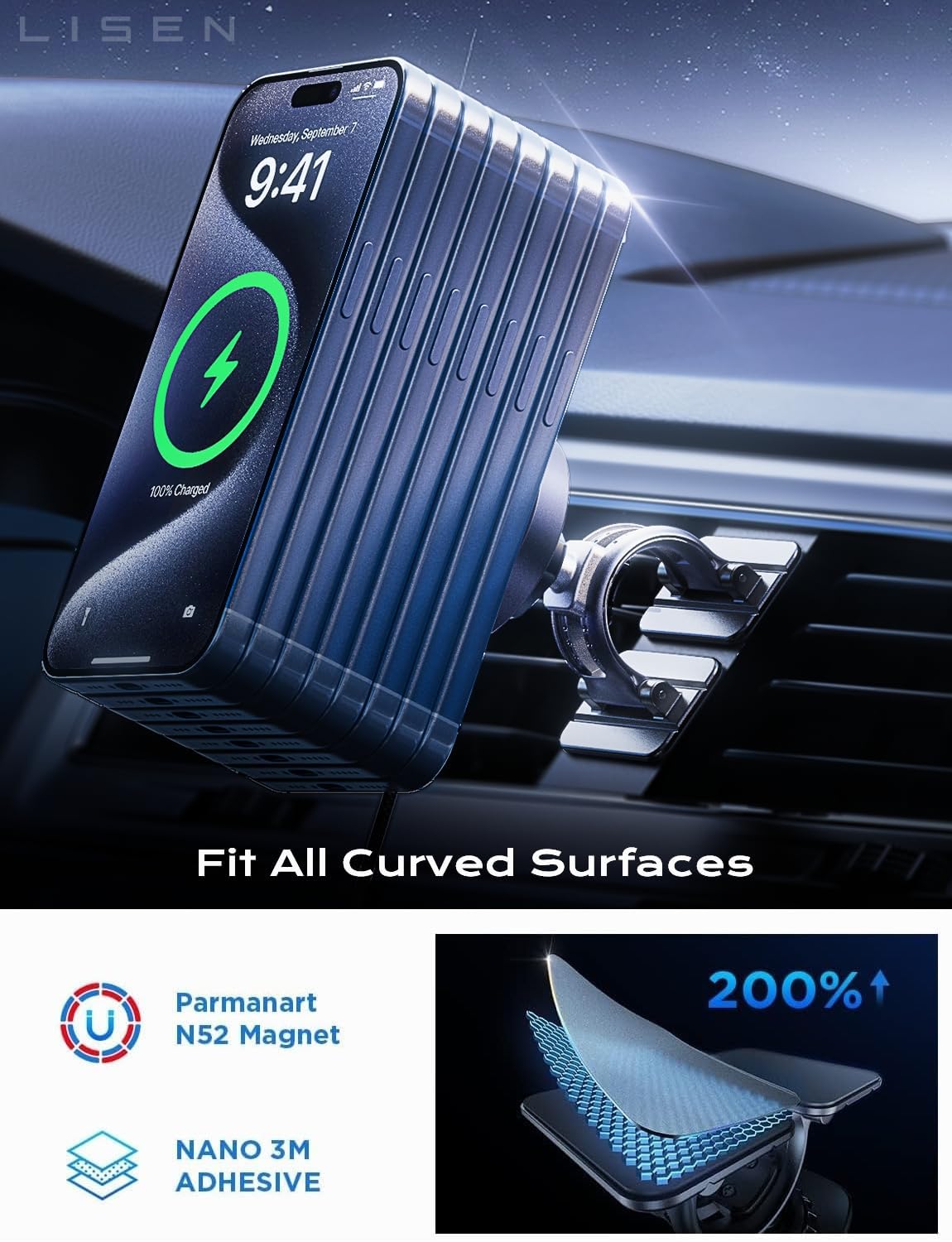 LISEN for 15W MagSafe Car Mount Charger,Magnetic Wireless Cars Charger,Magnetic Phone Holder for Cars,Phone Holders for Your Car Accessories for Men Women Jeep Ford F150 for iPhone 17-12,Samsung,Gifts