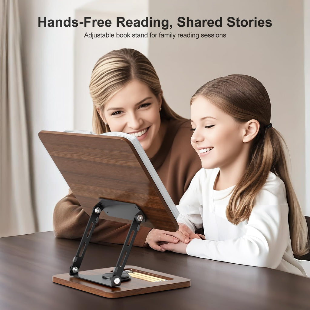 Book Stand for Reading, 360° Rotating Hands Free Book Holder, Adjustable Height and Angle, Page Clip for Cookbook, Recipe, Magazine, Laptop,Tablet, Foldable for Kitchen, Office, School