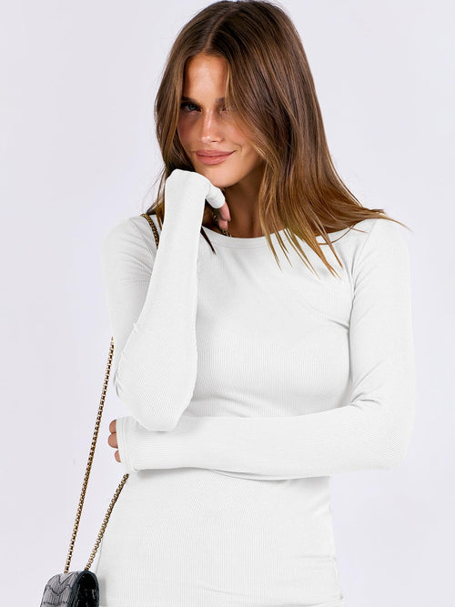 ANRABESS Women Long Sleeve Shirts Rib Knit Slim Fit Tops Basic Tee 2025 Fall Outfits Casual T-Shirt Underscrubs Layer Clothes White Medium