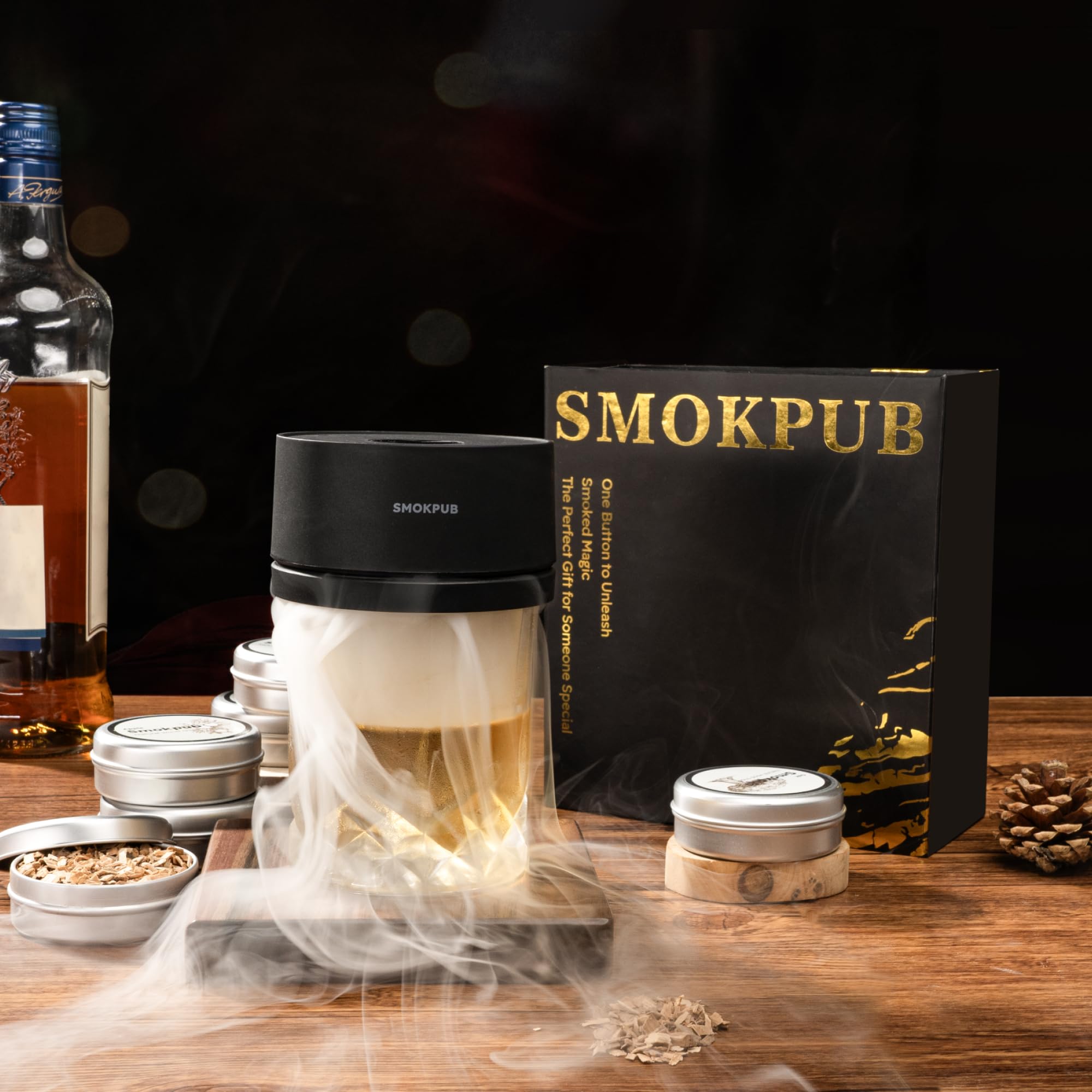 SMOKPUB Electric Whiskey Smoker Kit Built-in Lighter, No Butane Needed, Rechargeable Cocktail Smoker Kit with 6 Wood Chips, Old Fashioned Drink Smoker Kit, Bourbon Whiskey Gifts for Men,Dad,Husband