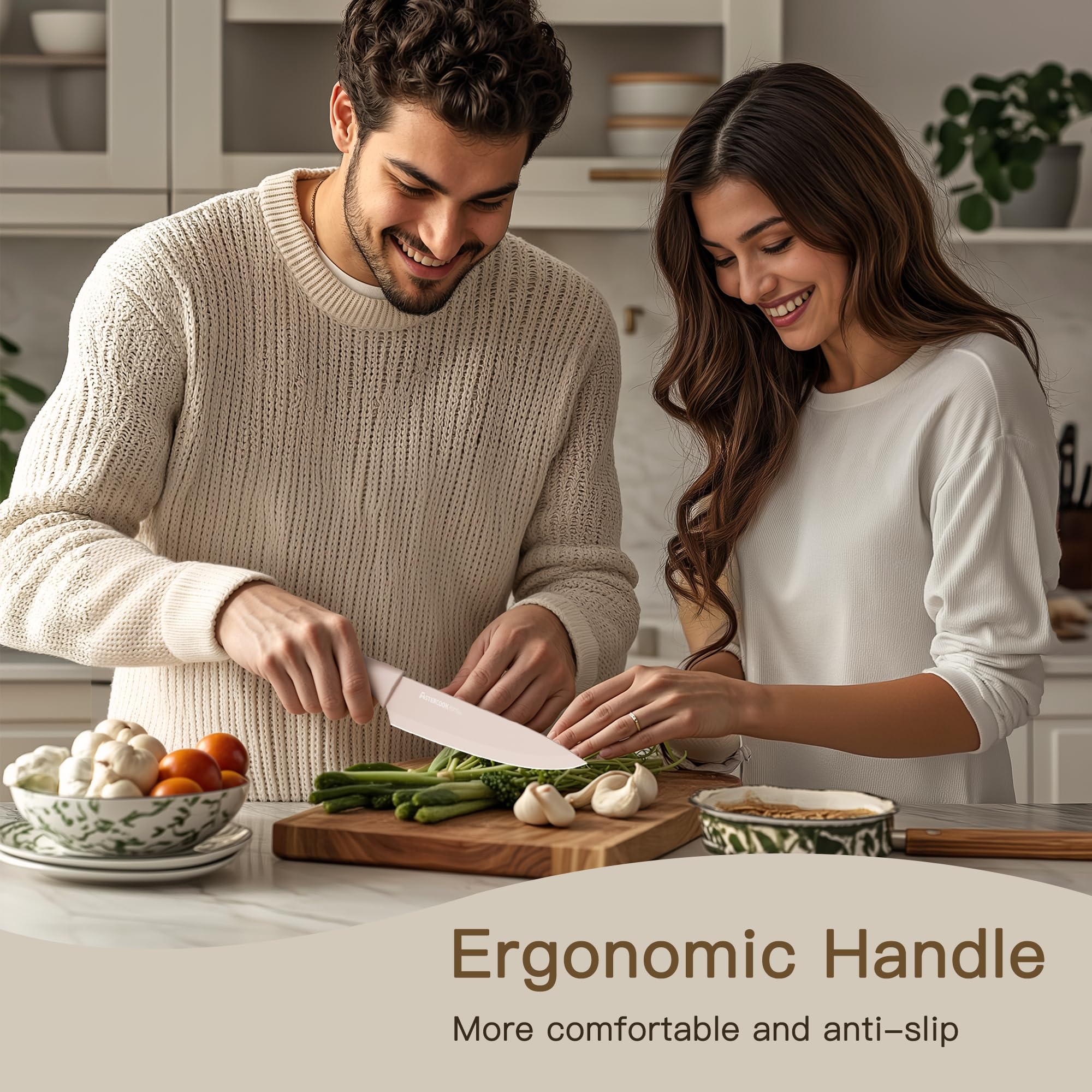 Astercook Knife Set, 13 Pieces Kitchen Knives Set with Healthy Anti-Rust Coating, Dishwasher Safe, Stainless Steel Chef Knife Sets with 6 Blade Guards, Perfect Valentine's Day Gifts for Kitchen