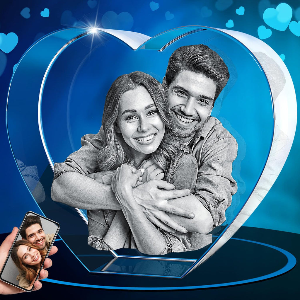 ArtPix 3D Crystal Photo, Valentines Day Personalized Gifts for Women, Wife, Men, Her, Him, Great V-Day Custom Gift with Your Own Photo, Customized Glass 3D Laser Etched Picture Wedding - Heart