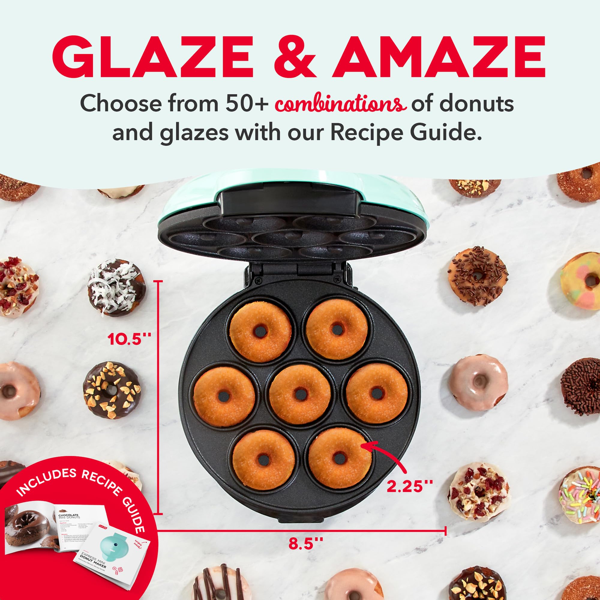Dash Express Mini Donut Maker - Homemade Dessert Maker - Features Double-Sided, Non-Stick Surface & Space-Saving Design - Makes 7 - Aqua