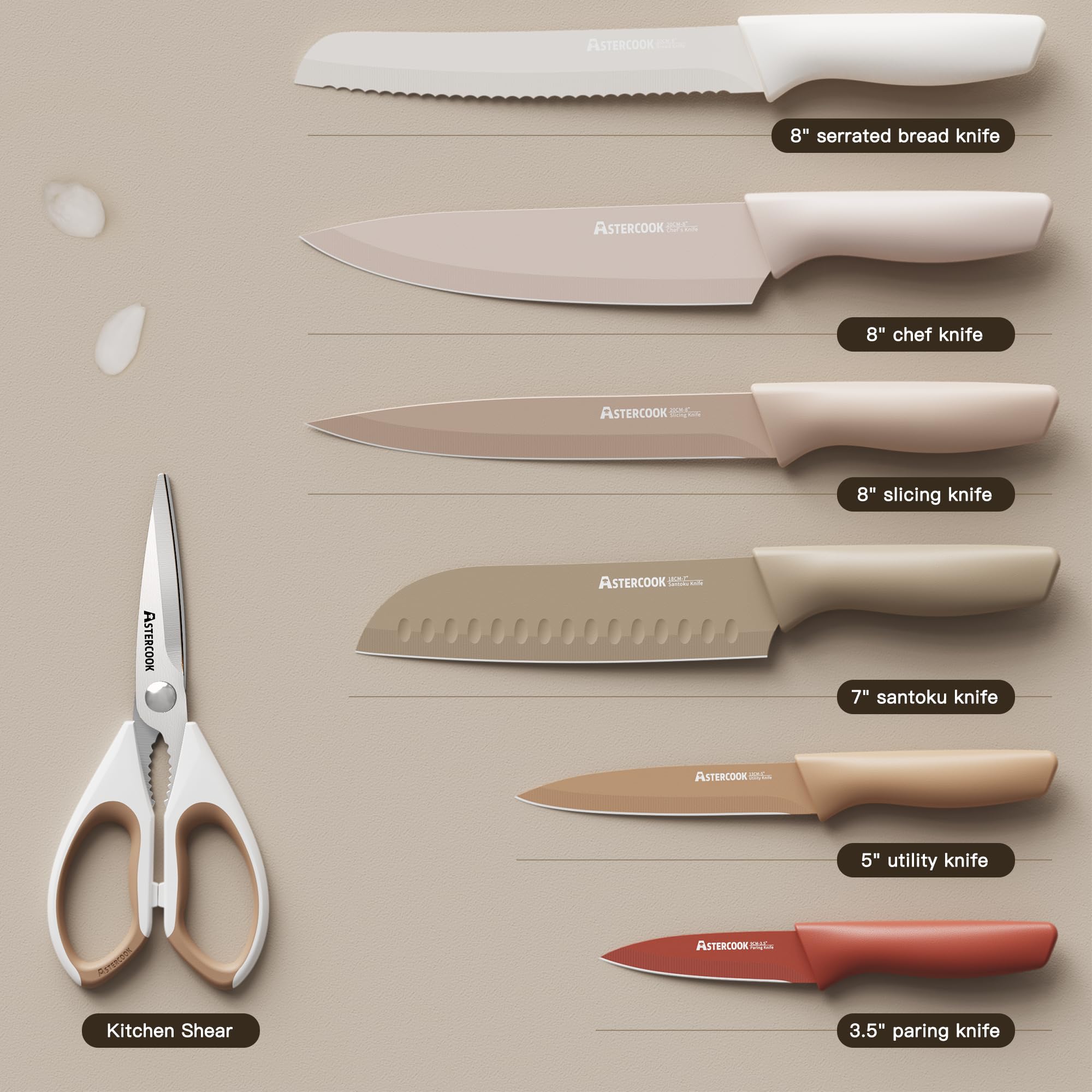 Astercook Knife Set, 13 Pieces Kitchen Knives Set with Healthy Anti-Rust Coating, Dishwasher Safe, Stainless Steel Chef Knife Sets with 6 Blade Guards, Perfect Valentine's Day Gifts for Kitchen