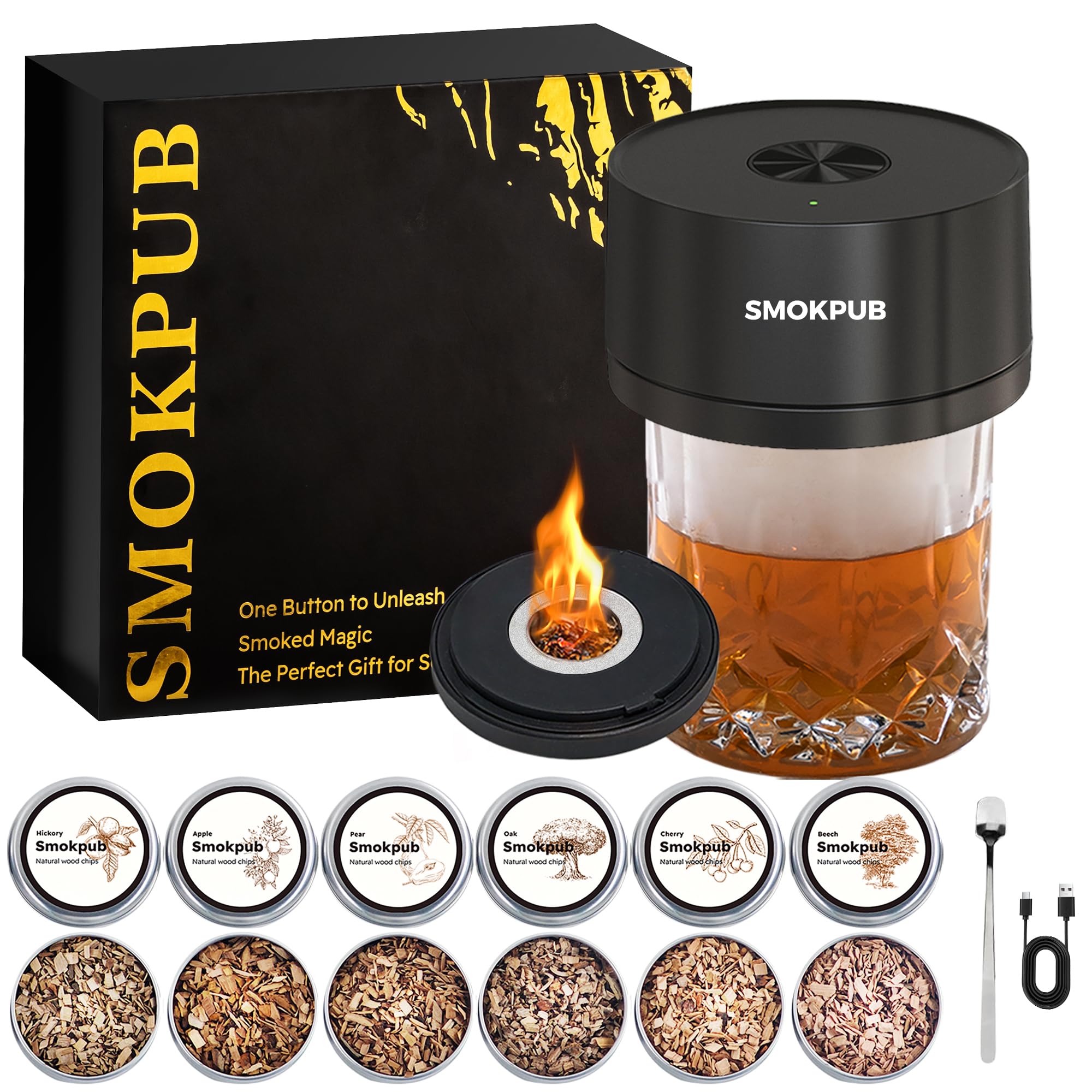 SMOKPUB Electric Whiskey Smoker Kit Built-in Lighter, No Butane Needed, Rechargeable Cocktail Smoker Kit with 6 Wood Chips, Old Fashioned Drink Smoker Kit, Bourbon Whiskey Gifts for Men,Dad,Husband
