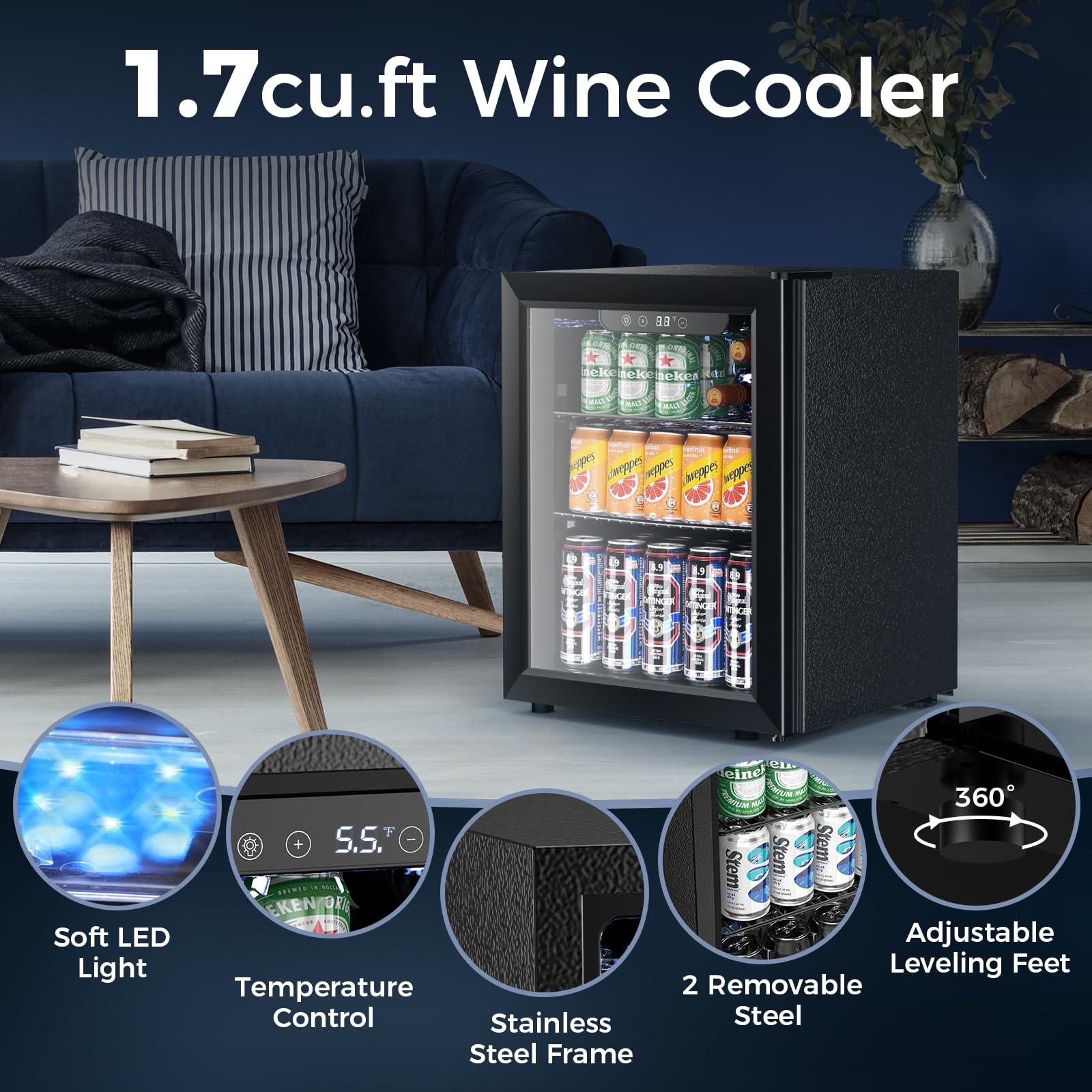 Electactic 68 Cans Beverage Refrigerator Cooler, 1.7 cu.ft Mini Fridge Glass Door Drink Cooler for Beer, Soda,Wine, Digital Temperature Control for Home Office Bar
