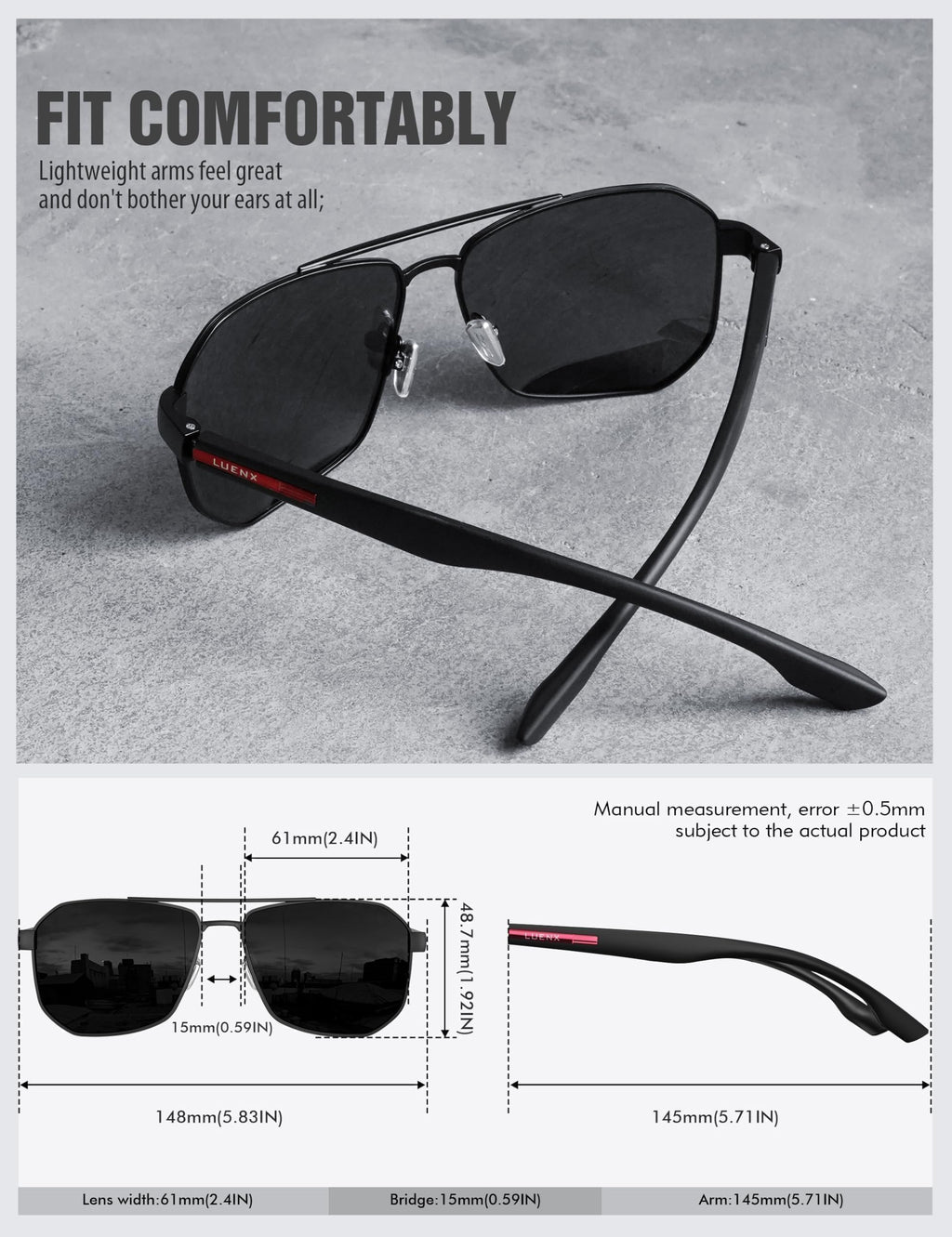 LUENX Aviator Sunglasses for Men Square Polarized Polygon Lens - UV 400 Protection with Accessories(Black Lens)