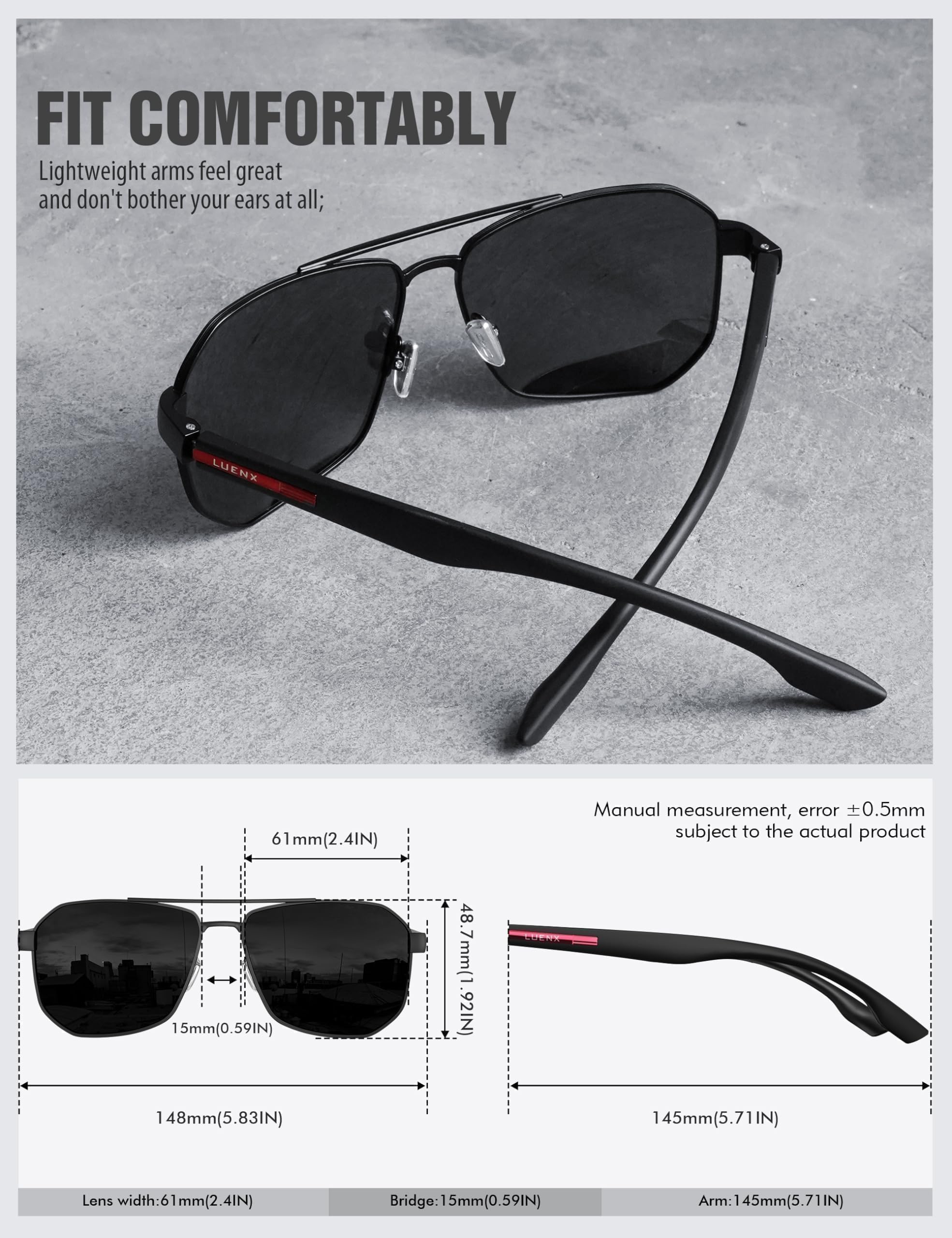 LUENX Aviator Sunglasses for Men Square Polarized Polygon Lens - UV 400 Protection with Accessories(Black Lens)