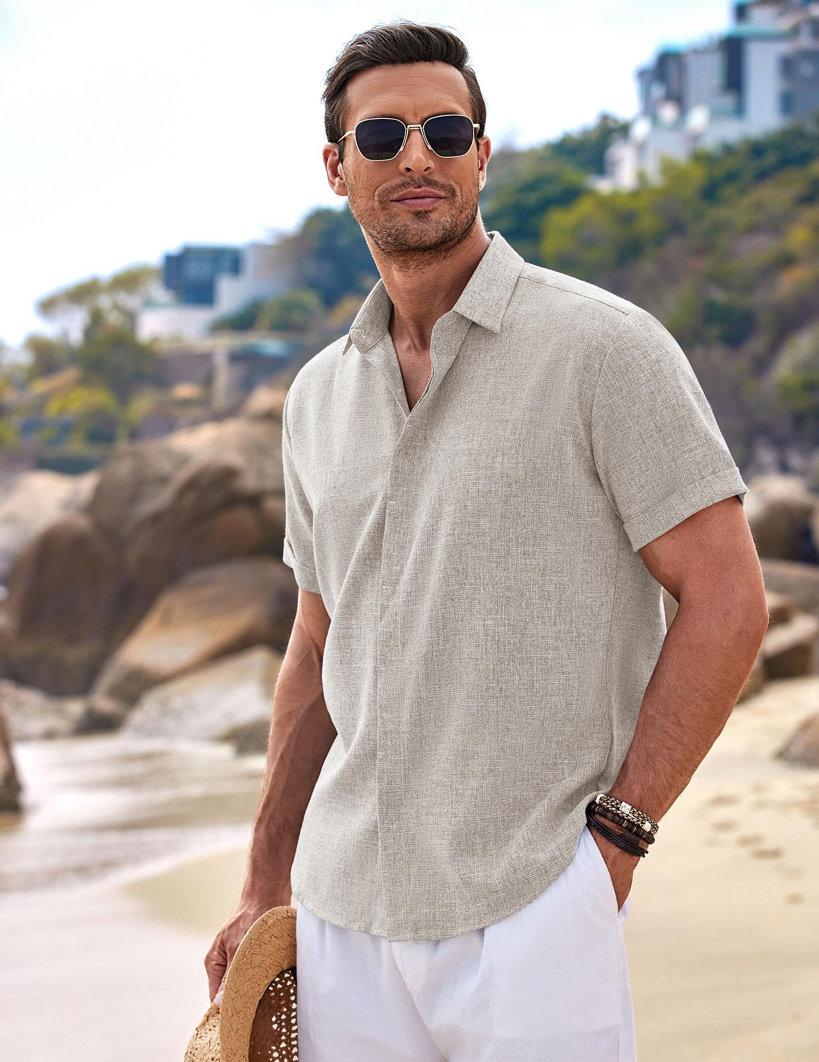 COOFANDY Mens Short Sleeve Button Down Shirts Beach Outfit Vacation Stone