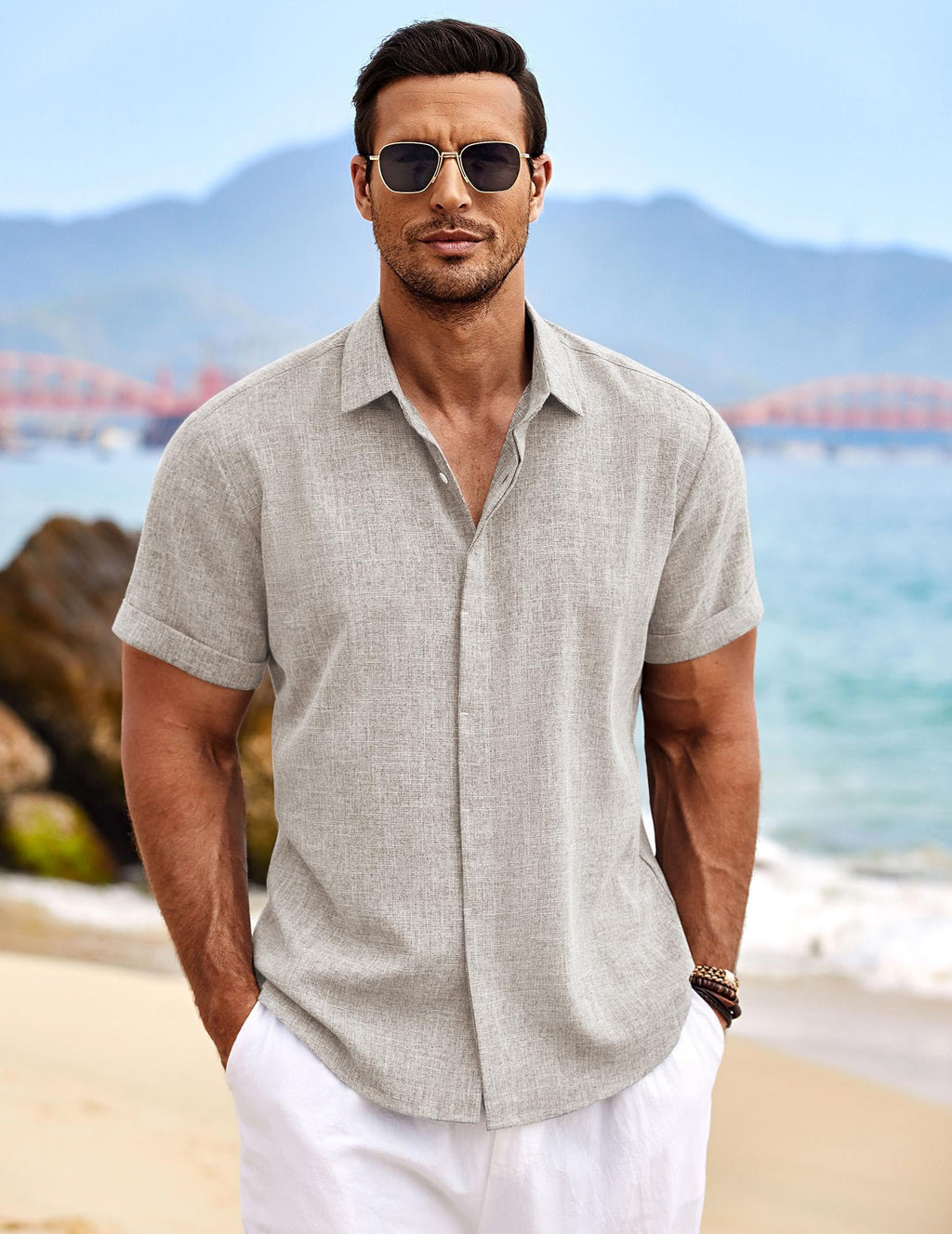 COOFANDY Mens Short Sleeve Button Down Shirts Beach Outfit Vacation Stone
