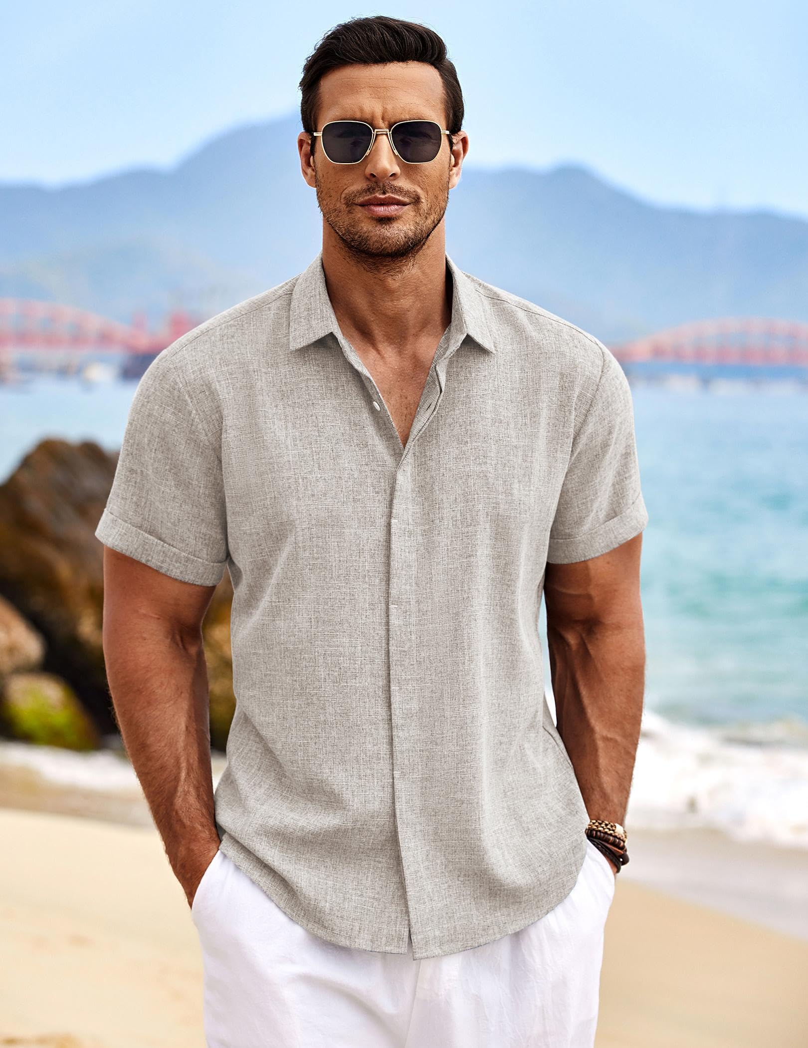 COOFANDY Mens Short Sleeve Button Down Shirts Beach Outfit Vacation Stone