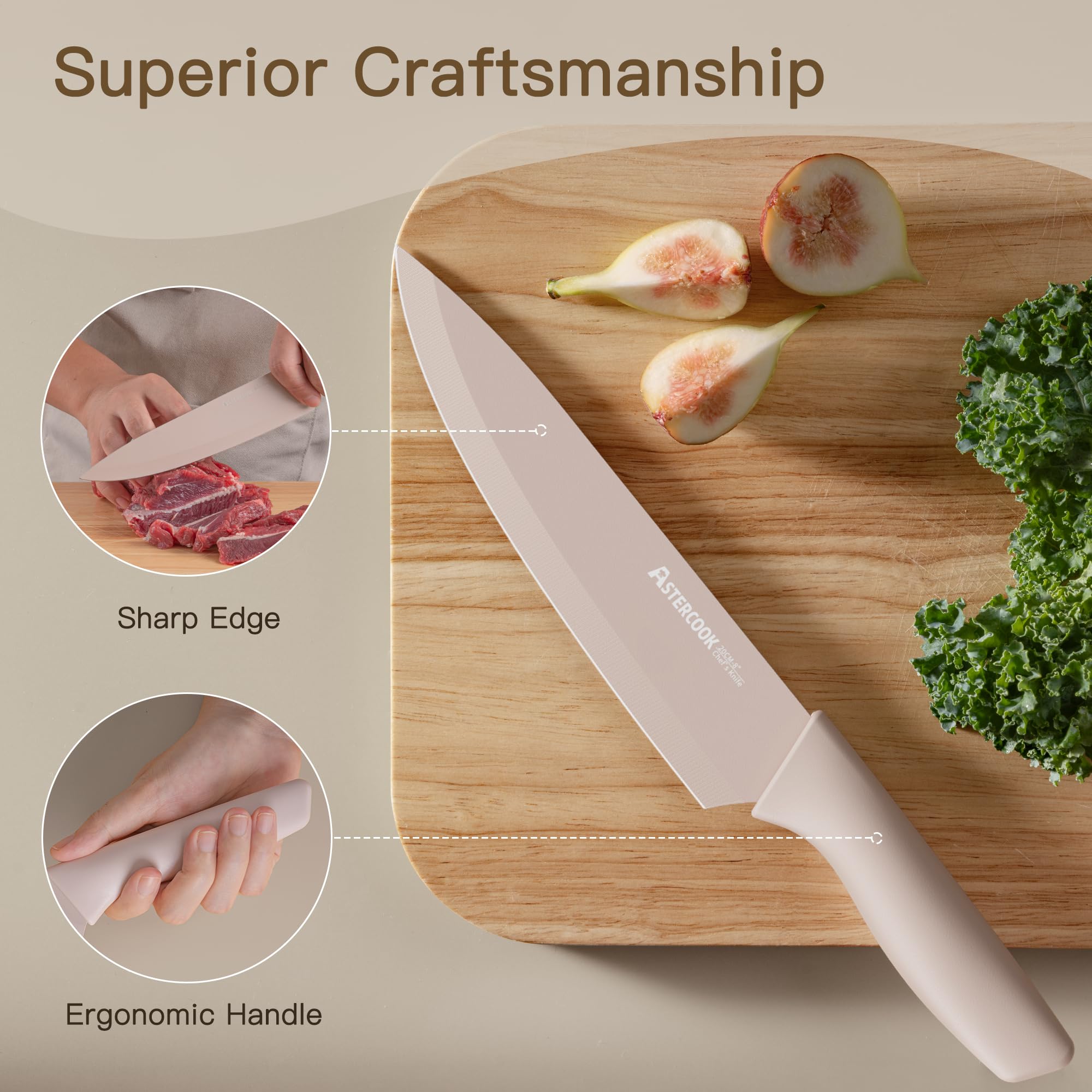 Astercook Knife Set, 13 Pieces Kitchen Knives Set with Healthy Anti-Rust Coating, Dishwasher Safe, Stainless Steel Chef Knife Sets with 6 Blade Guards, Perfect Valentine's Day Gifts for Kitchen