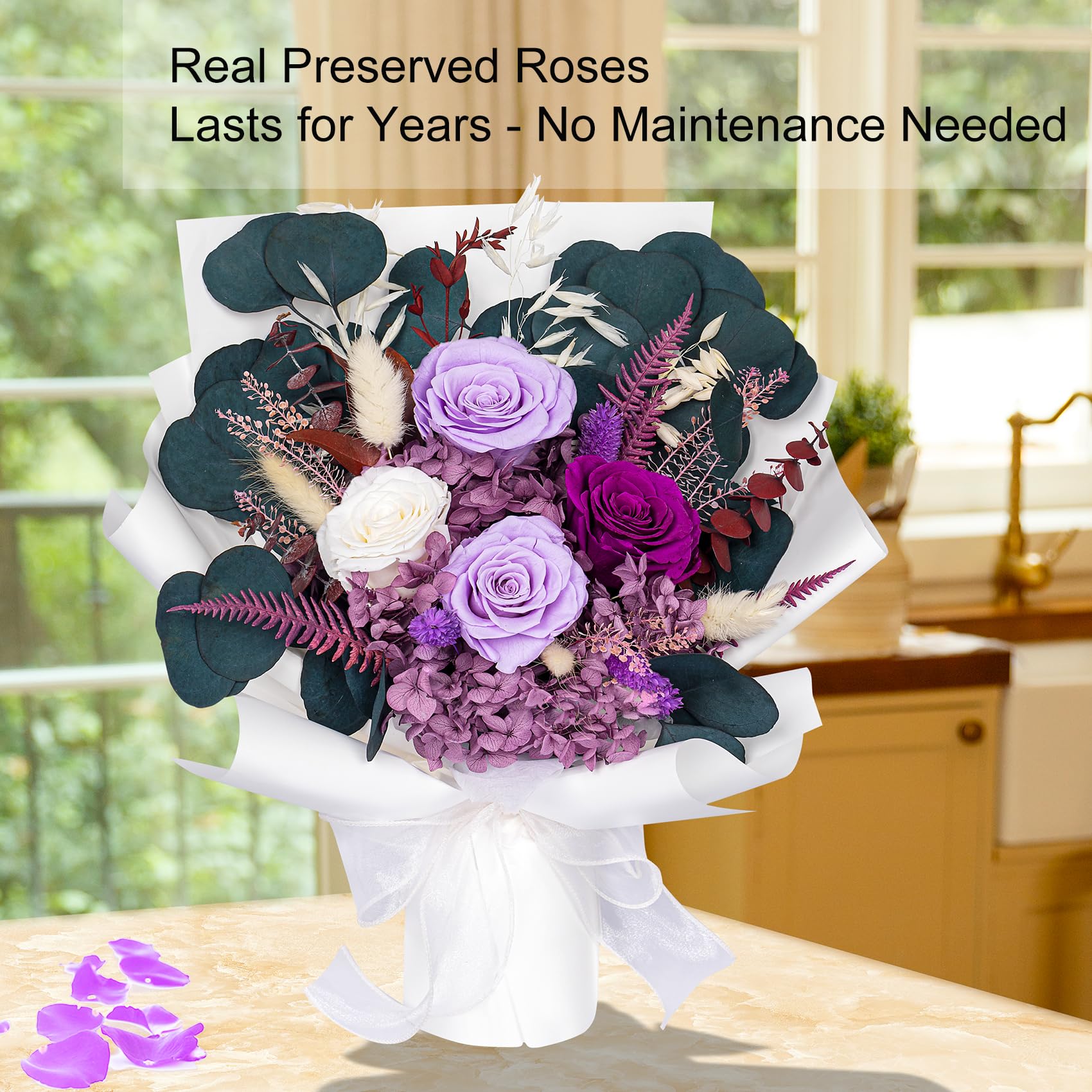 Bonsion Preserved Flowers Gifts for Women, Flower for Delivery, Purple Roses Gifts fo Her, Preserved Roses Bouquets, Birthday Gifts for Grandma, Mothers Day Flowers for Wife