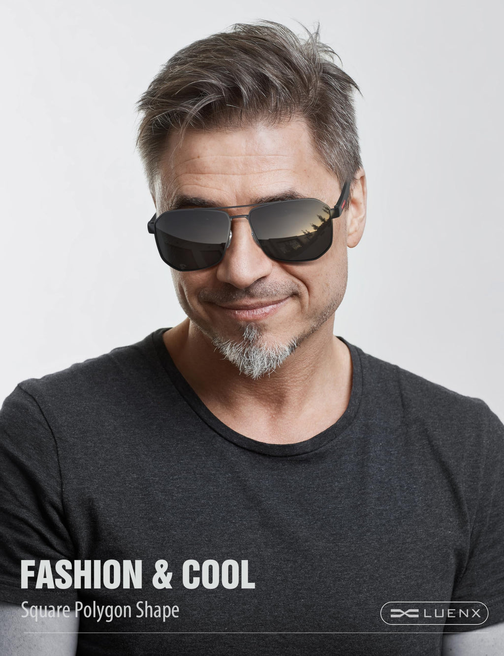 LUENX Aviator Sunglasses for Men Square Polarized Polygon Lens - UV 400 Protection with Accessories(Black Lens)