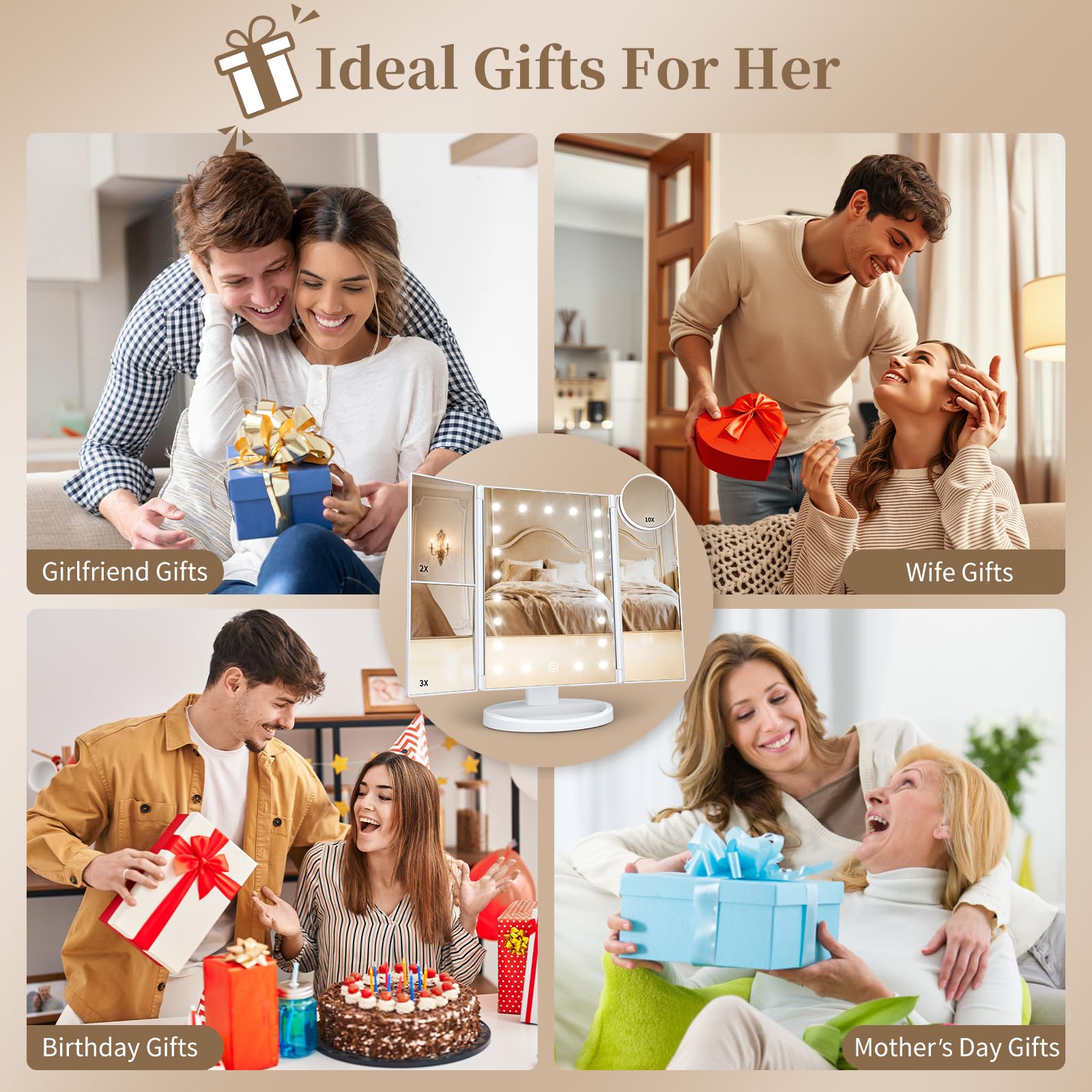 HUONUL Makeup Mirror, Vanity Mirror with Lights, 2X/3X/10X Magnification, Touch Control, Trifold, Dual Power Supply, Gifts for Women, Wife, Mom, Girls,Dorm Room Essentials