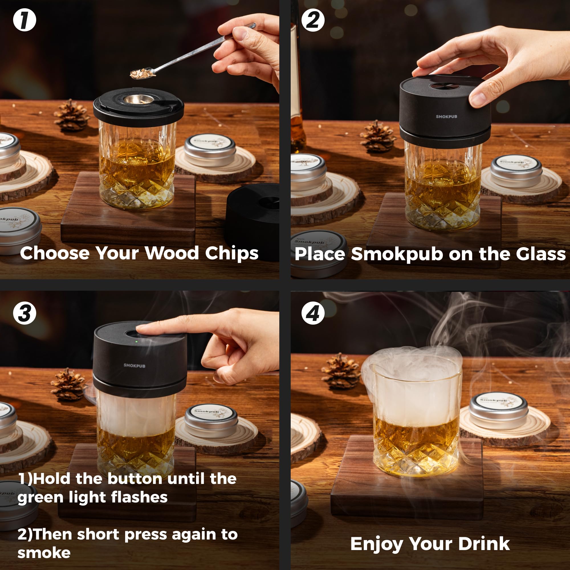 SMOKPUB Electric Whiskey Smoker Kit Built-in Lighter, No Butane Needed, Rechargeable Cocktail Smoker Kit with 6 Wood Chips, Old Fashioned Drink Smoker Kit, Bourbon Whiskey Gifts for Men,Dad,Husband