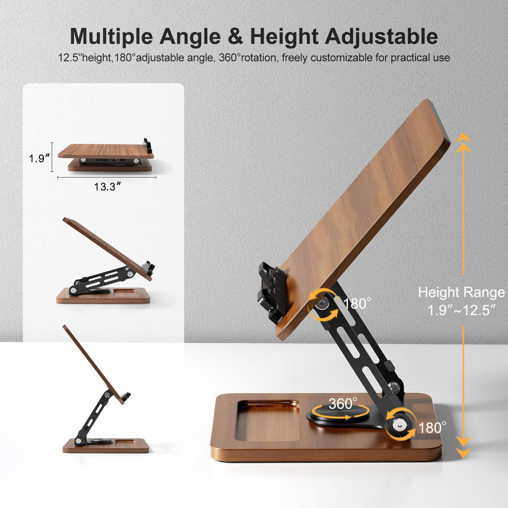 Book Stand for Reading, 360° Rotating Hands Free Book Holder, Adjustable Height and Angle, Page Clip for Cookbook, Recipe, Magazine, Laptop,Tablet, Foldable for Kitchen, Office, School