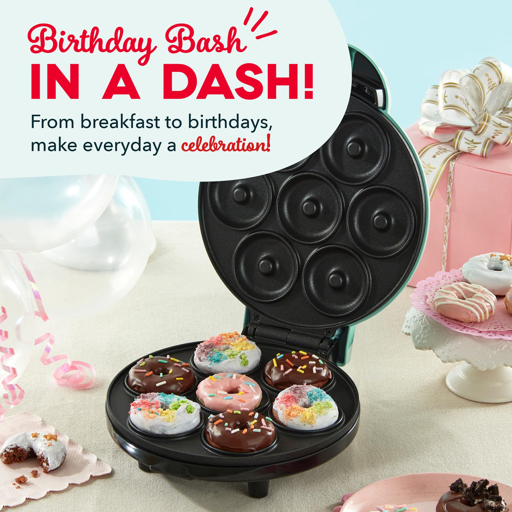 Dash Express Mini Donut Maker - Homemade Dessert Maker - Features Double-Sided, Non-Stick Surface & Space-Saving Design - Makes 7 - Aqua