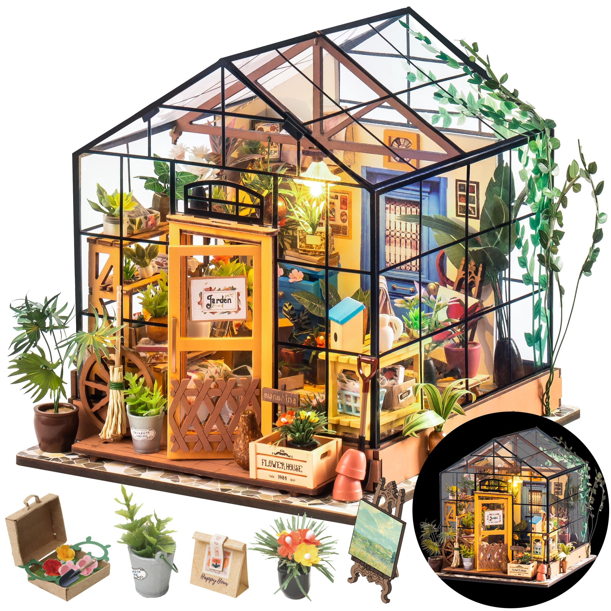 Rolife DIY Miniature Greenhouse Kit, Tiny/Mini House Making Kit with Furniture for Adults, Furniture, Halloween/Christmas Decorations, Gifts for Family and Friends (Cathy's Greenhouse)