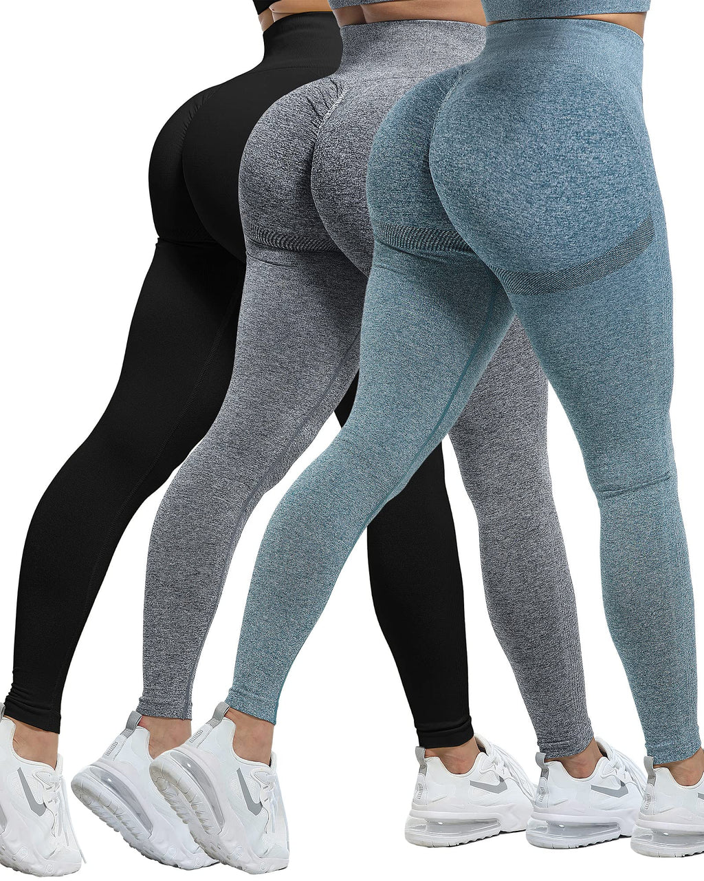 CHRLEISURE Workout Leggings Sets for Women, Gym Scrunch Butt Butt Lifting Seamless Leggings 3 Piece (Black, Gray, Blue, M)-1