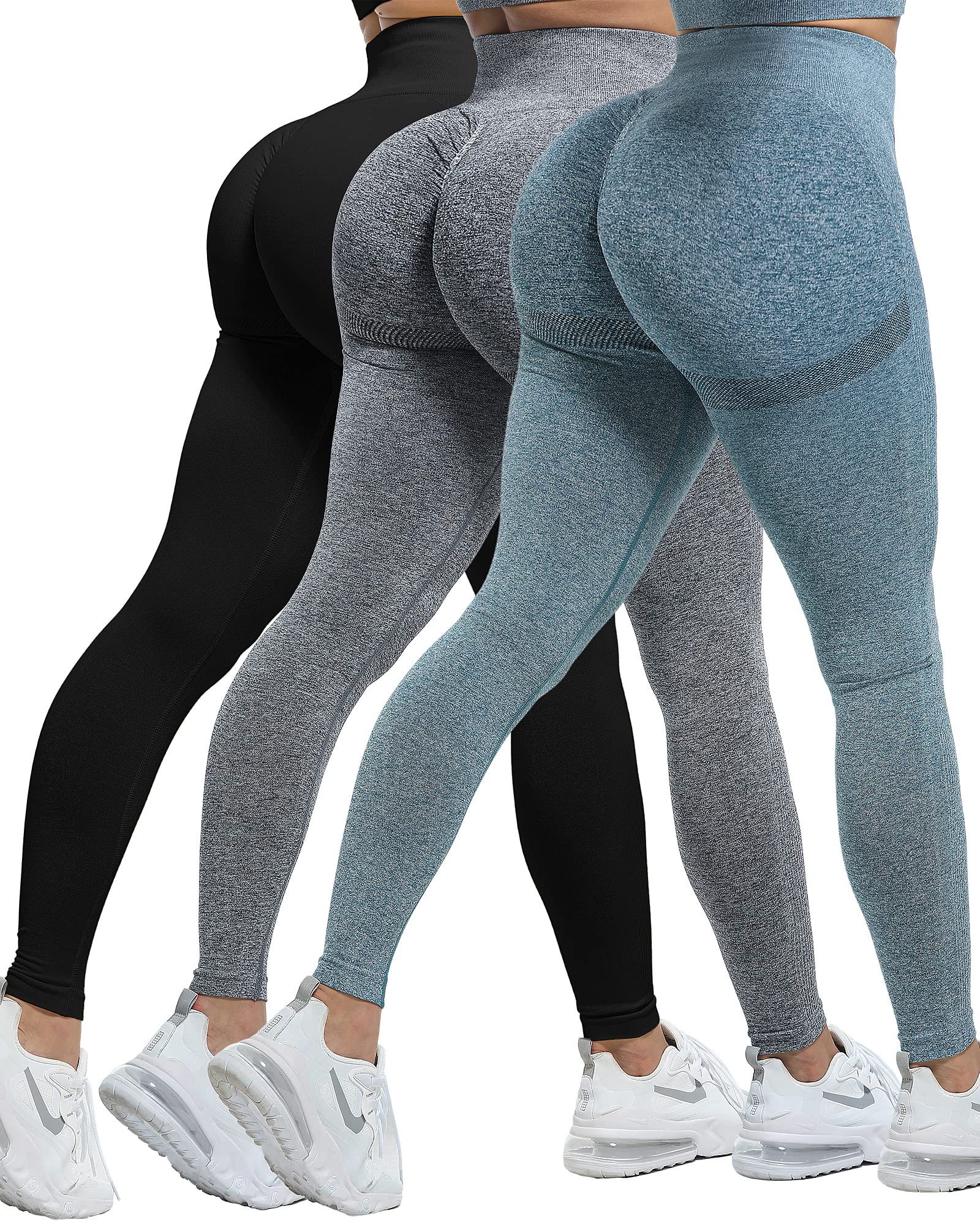 CHRLEISURE Workout Leggings Sets for Women, Gym Scrunch Butt Butt Lifting Seamless Leggings 3 Piece (Black, Gray, Blue, M)-1